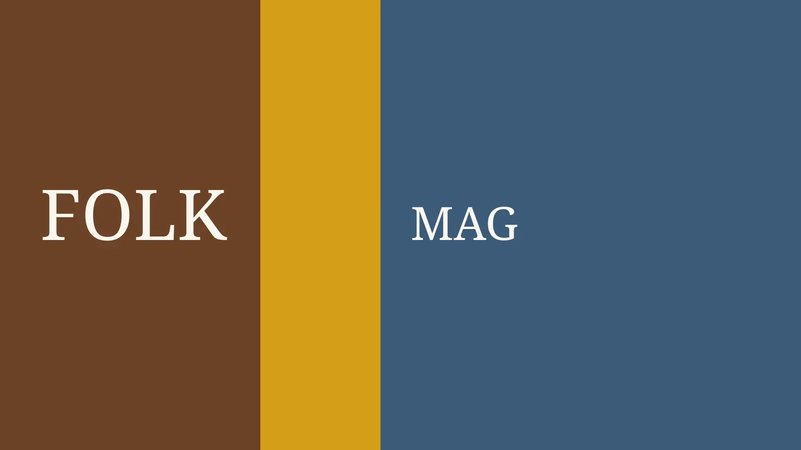 Walnut, mustard and denim masthead blocks with the word FOLK